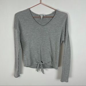 Caution to the Wind Ribbed V-Neck Long Sleeve Front-Tie Top